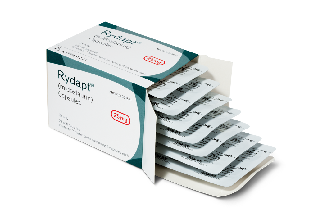 package of RYDAPT® (midostaurin) 25 mg capsules