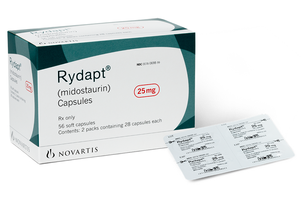 package of RYDAPT® (midostaurin) 25 mg capsules